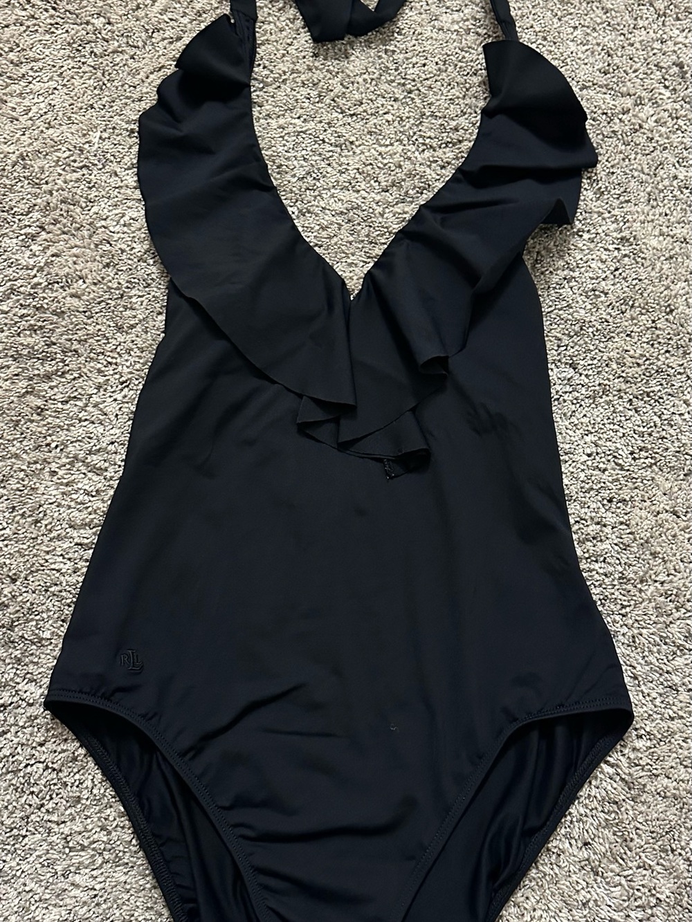 Ralph Lauren Black Ruffle V-Neck One-Piece Swimsuit